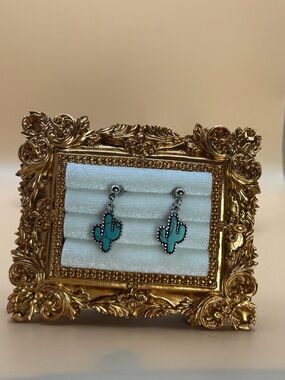 🌵Turquoise Cactus Dangle Earrings Western Southwest Boho Silver Tone